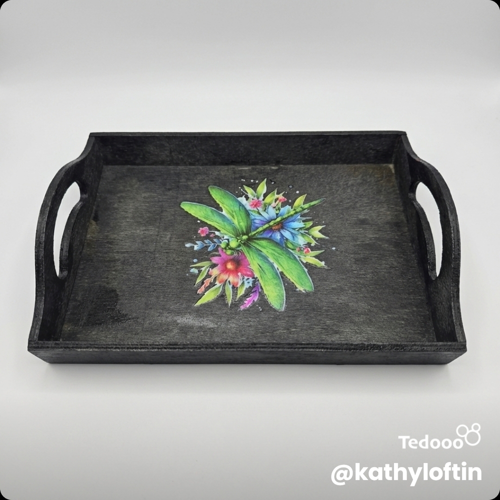 Kathy Loftin Black Decorative Serving Tray with Tropical Floral Accent